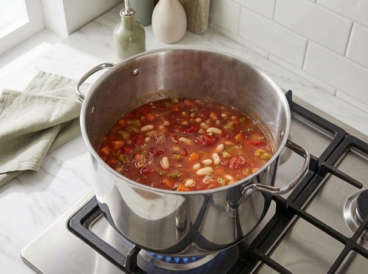 Tomatoes, broth, cannellini beans and bell pepper simmering together in the pot