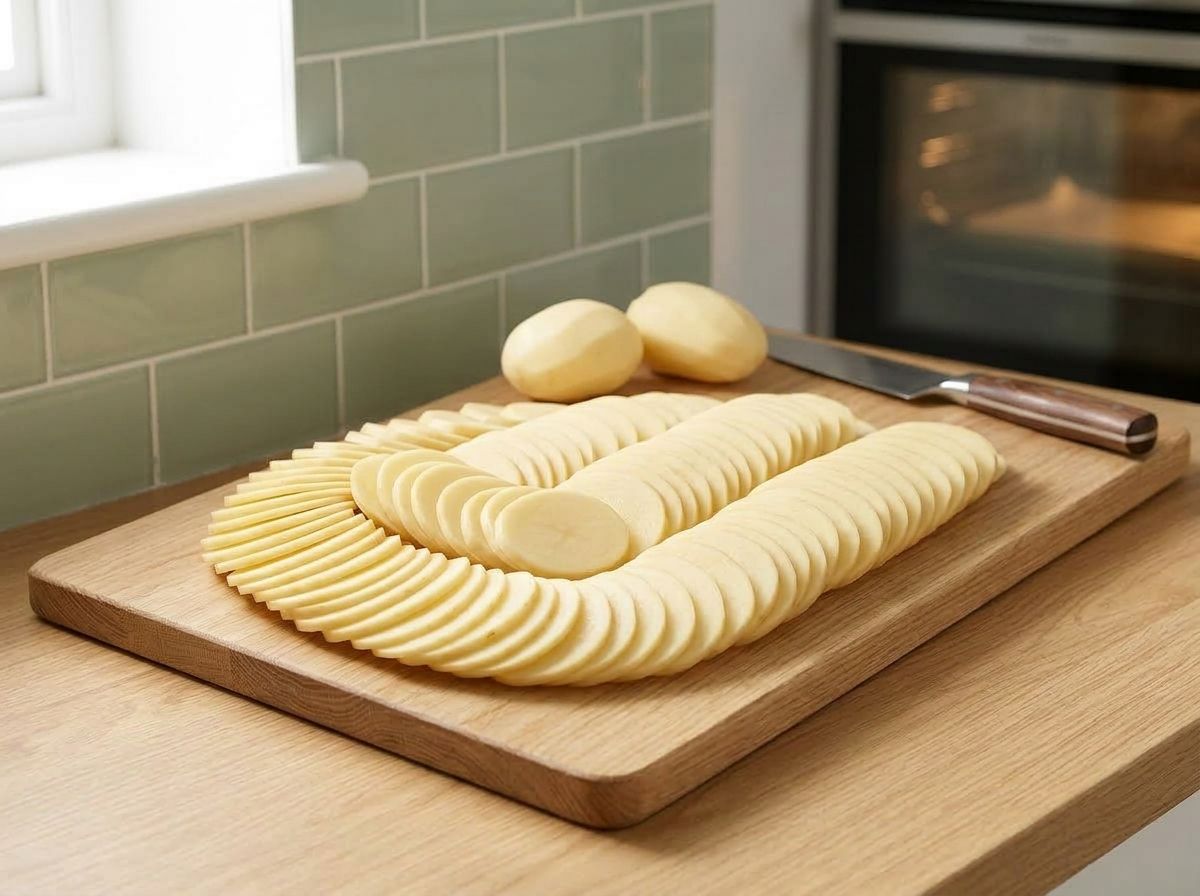 Peeled potatoes cut into wafer-thin even rounds and fanned out across a wooden board beside a chef's knife.