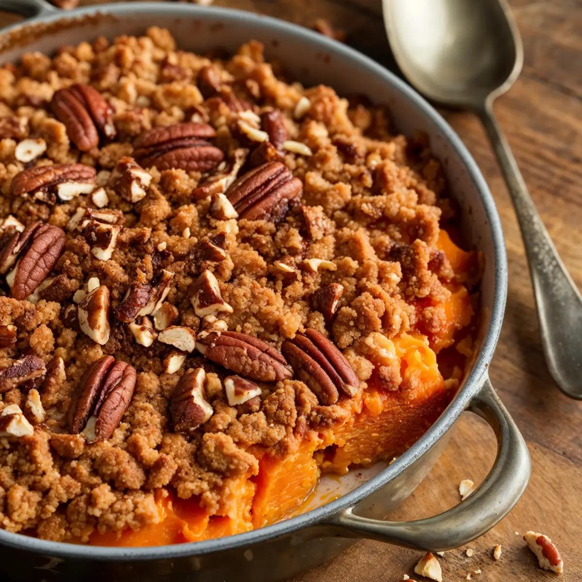 Golden sweet potato casserole topped with pecan streusel on a wooden table.