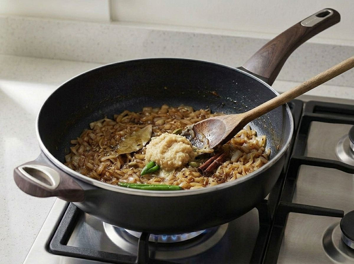 Ginger garlic paste dropped onto the browned onions and part stirred in with a wooden spoon.
