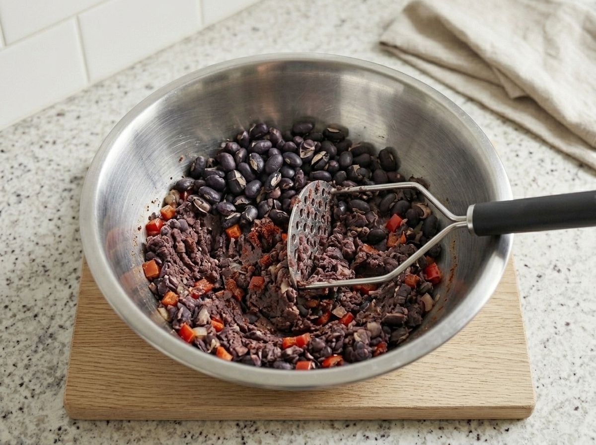 Roasted black beans mashed in a steel bowl, part coarse paste and part whole beans.