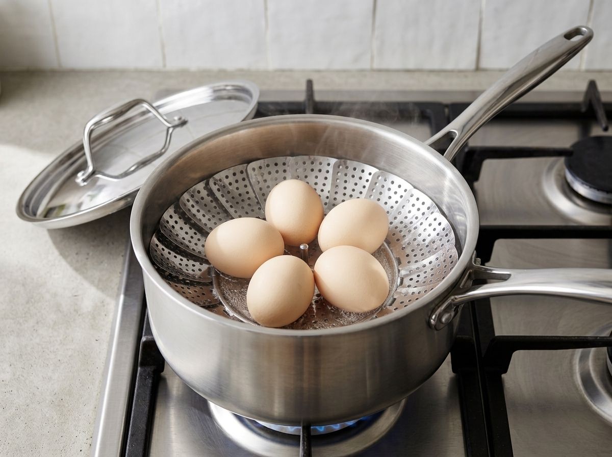 Four eggs steaming in a stainless steel basket over an inch of boiling water in a saucepan on a gas burner