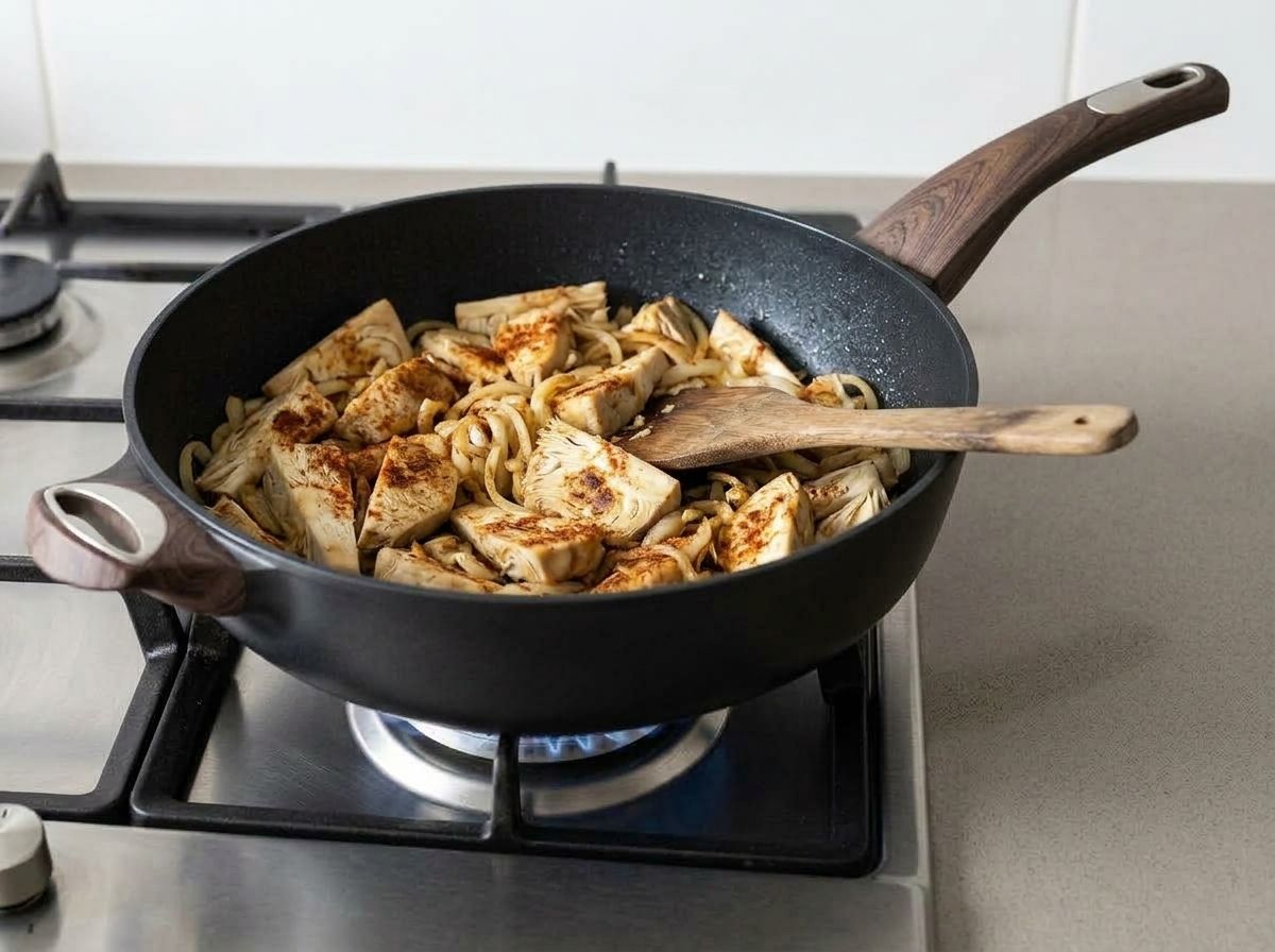 Jackfruit wedges browned in spots and dusted with smoked paprika in the skillet