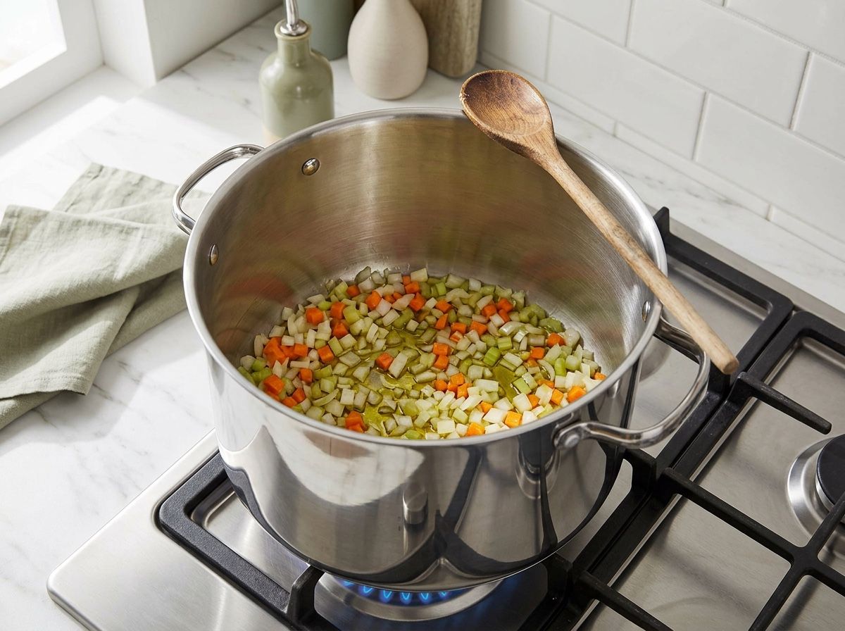 Onion, carrot and celery softening gently in olive oil in a large steel pot