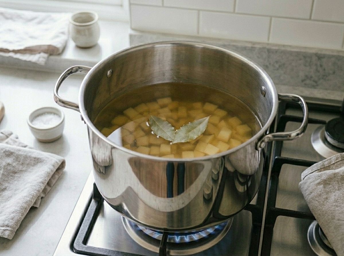 Diced potatoes simmering fully submerged in pale vegetable broth with two bay leaves floating on top