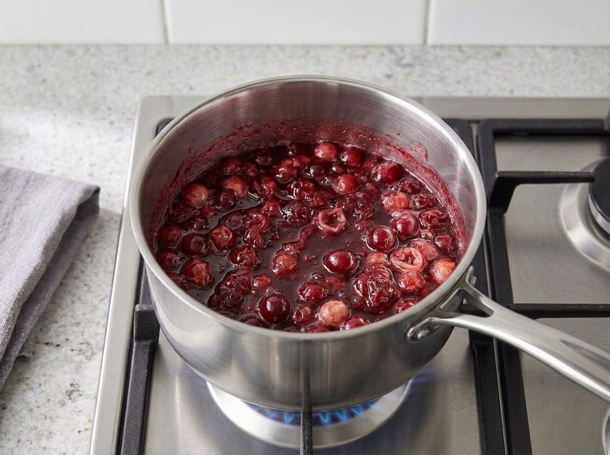 Cranberries simmering with their skins split open in a dark syrupy sauce