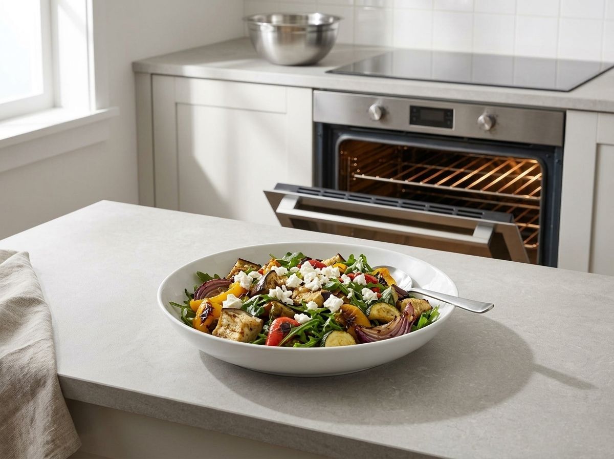 The finished salad in a wide white serving bowl, arugula folded through the roasted vegetables and crumbled feta scattered on top
