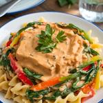A plate of pasta with creamy tofu sauce and vegetables, garnished with parsley on a rustic table.