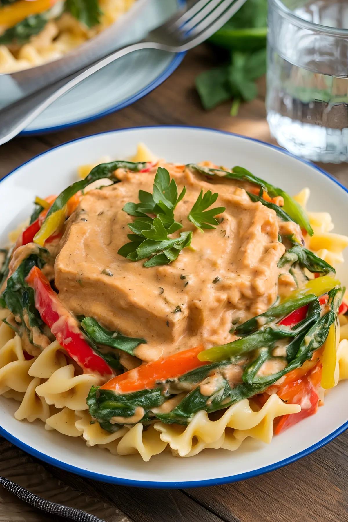 A plate of pasta with creamy tofu sauce and vegetables, garnished with parsley on a rustic table.