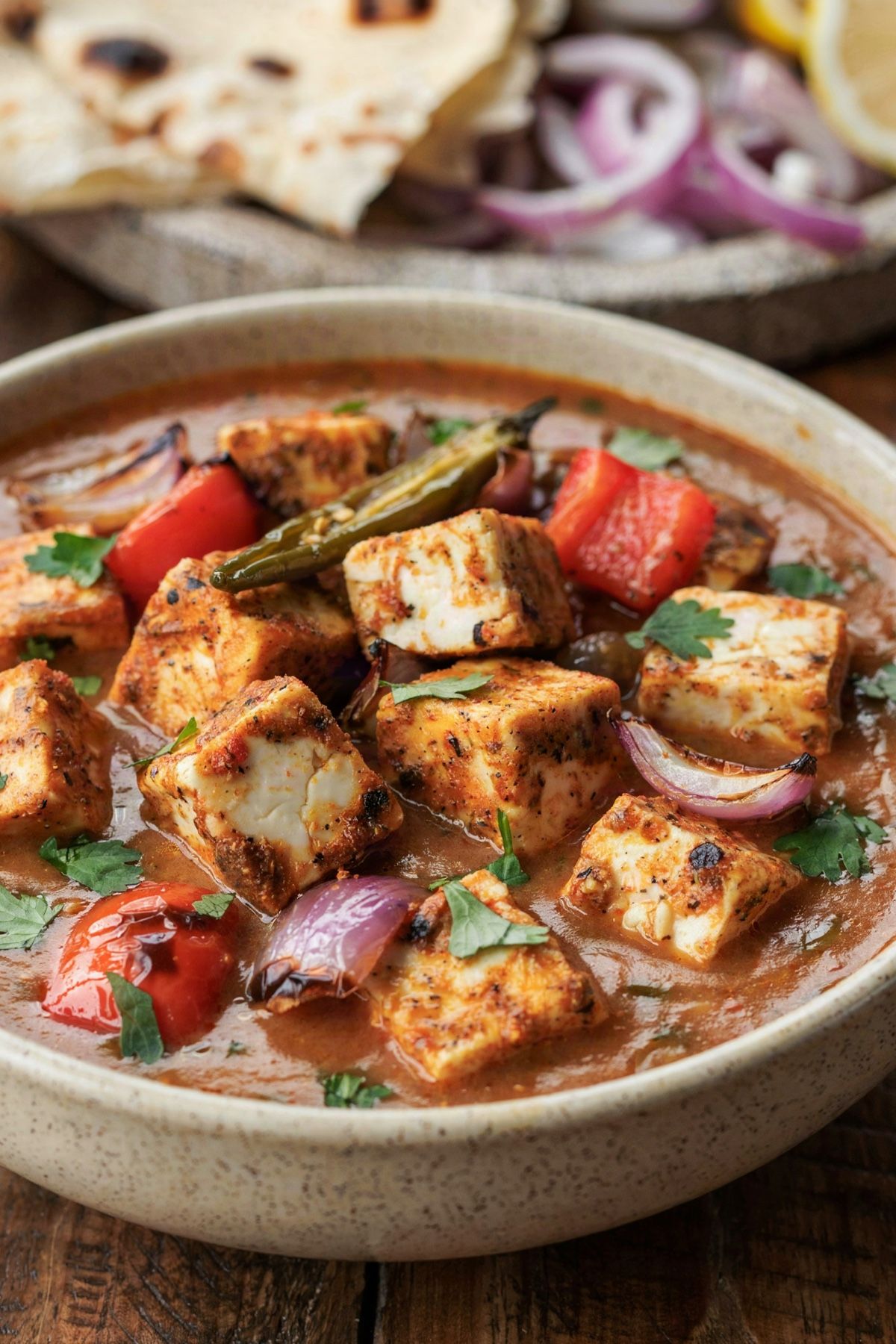 Paneer tikka masala in a cream speckled bowl, cubes of paneer in a toasted amber spice crust with softened red pepper and red onion in a thick brick-orange gravy, scattered with cilantro and a slit green chile.