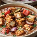 Paneer tikka masala in a cream speckled bowl, cubes of paneer in a toasted amber spice crust with softened red pepper and red onion in a thick brick-orange gravy, scattered with cilantro and a slit green chile.
