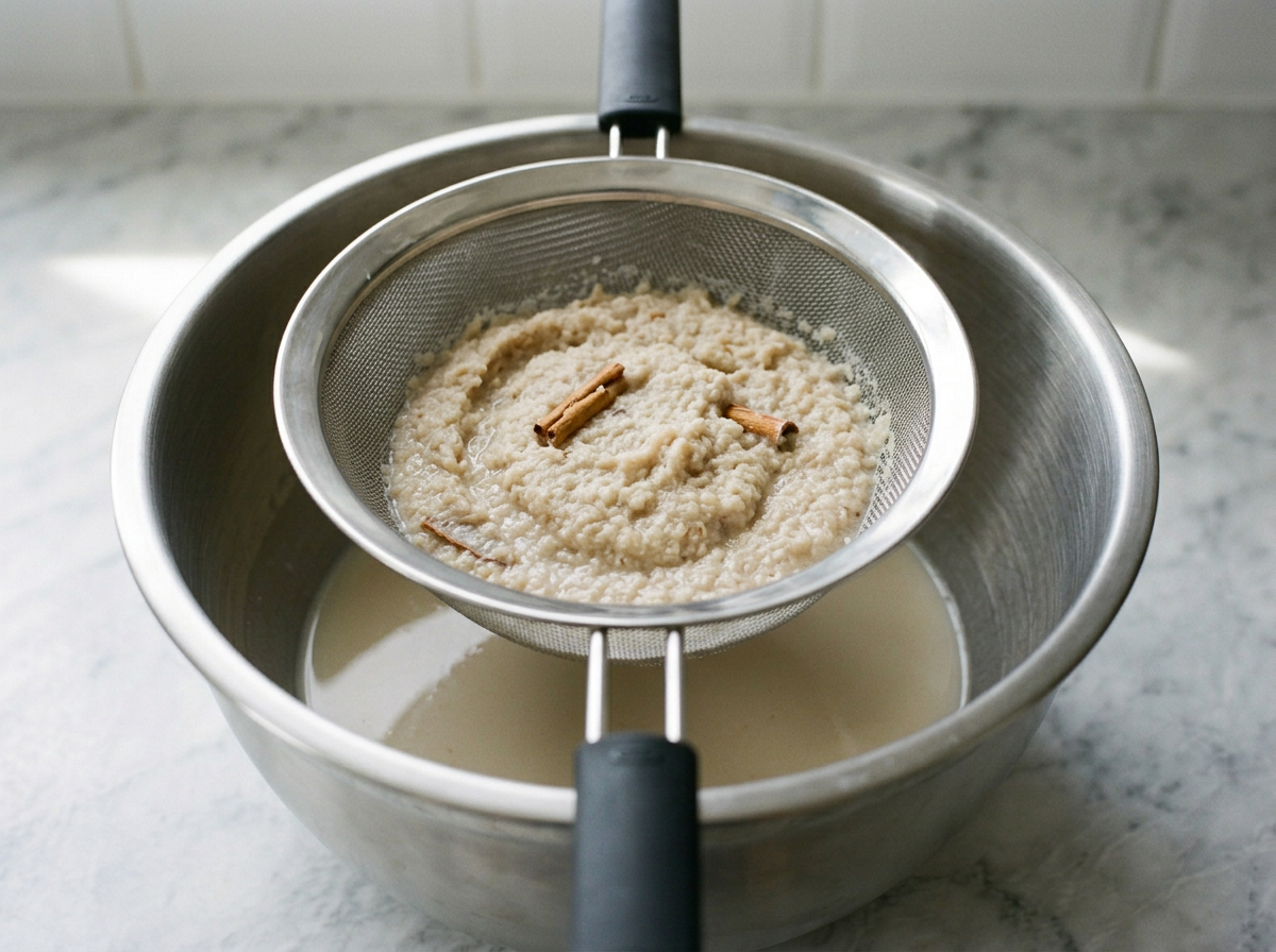 The blended slurry strained through a fine mesh sieve, spent rice pulp left behind