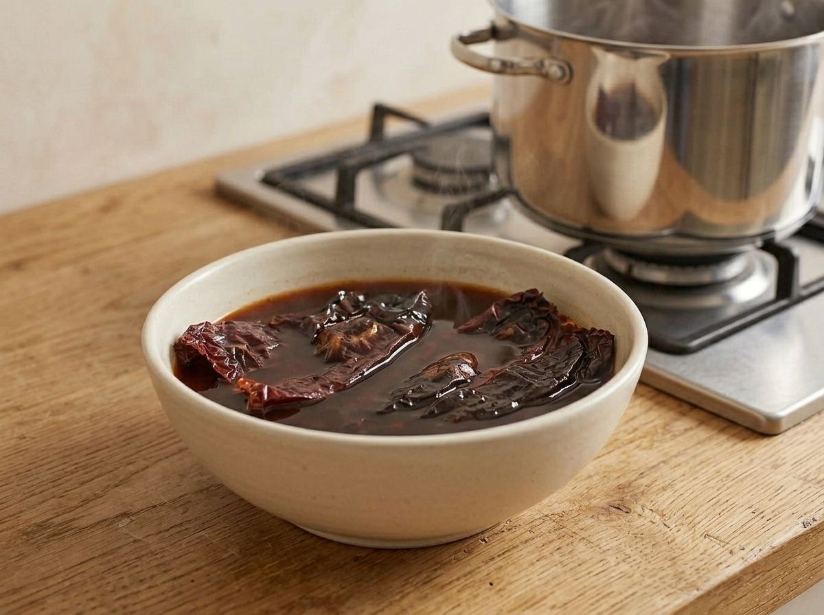 Toasted chiles steeping in hot broth until soft and swollen
