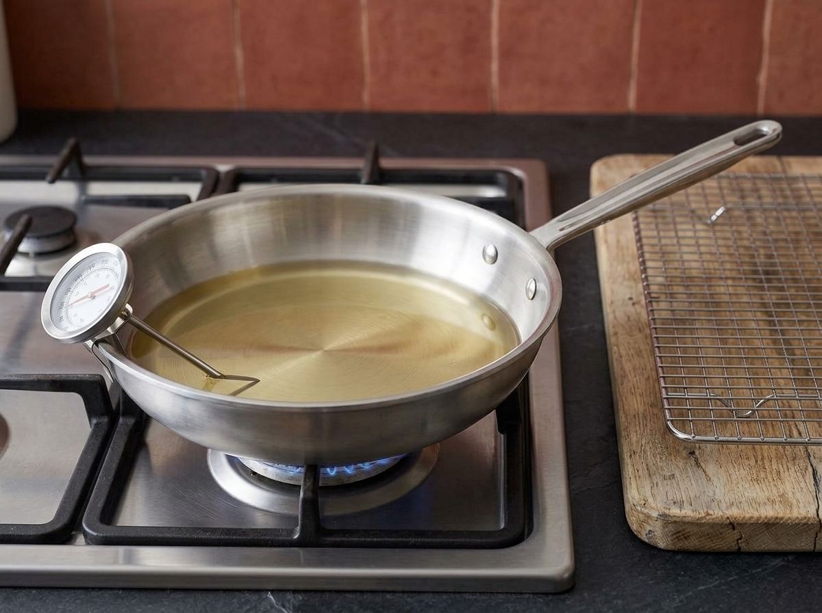 A shallow layer of oil heating in a skillet with a thermometer clipped to the rim
