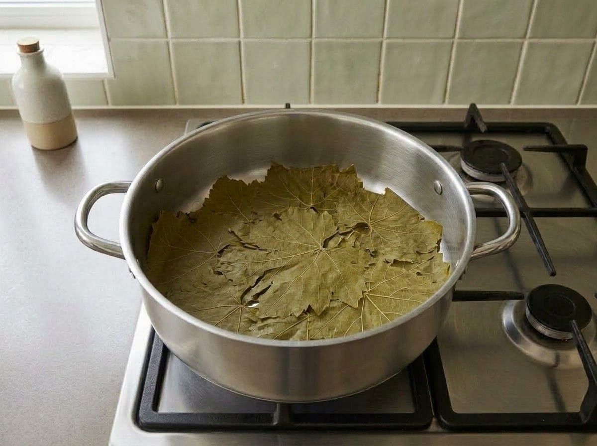 The base of a wide pot lined with spare and torn grape leaves