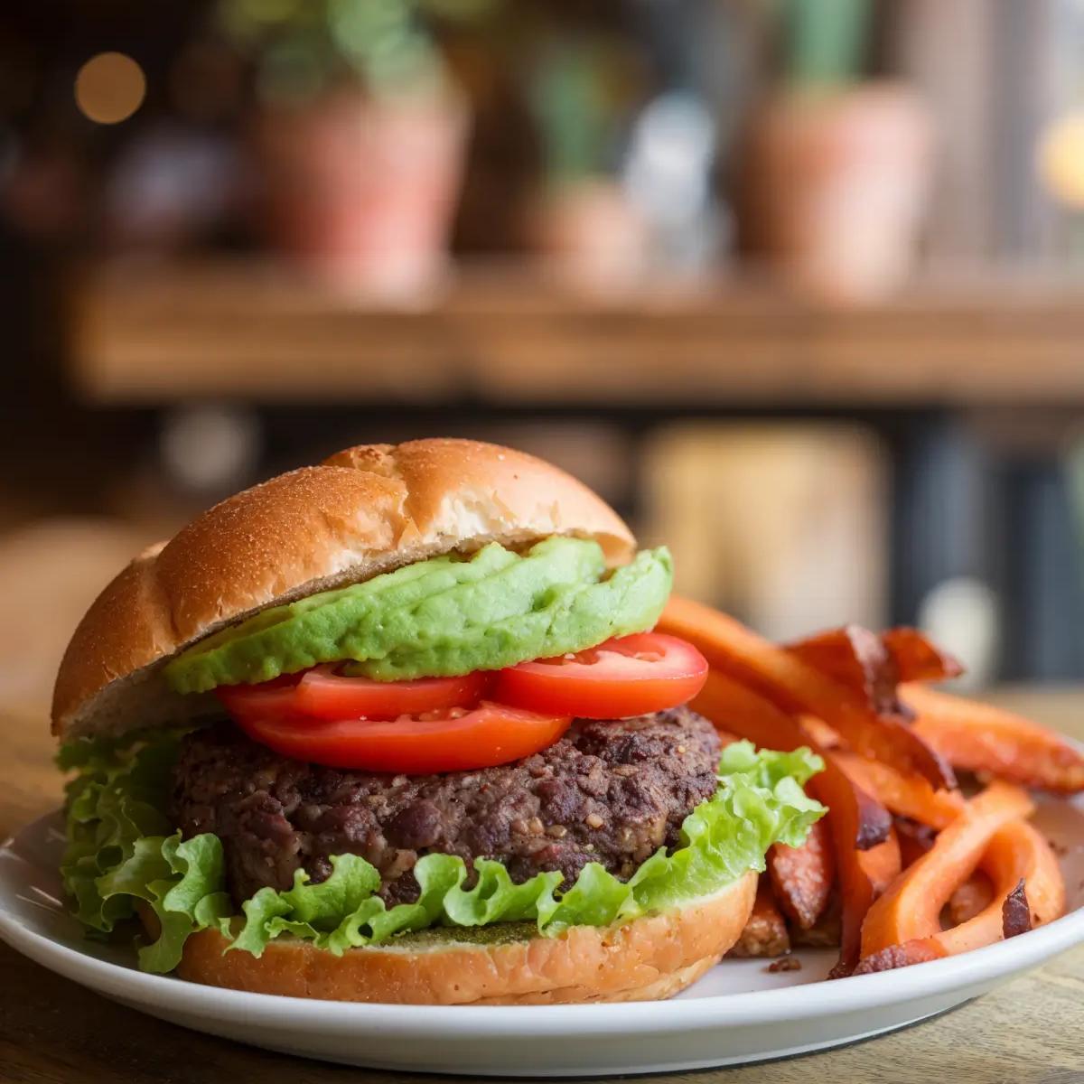Black bean veggie burger with fresh toppings on a toasted bun.