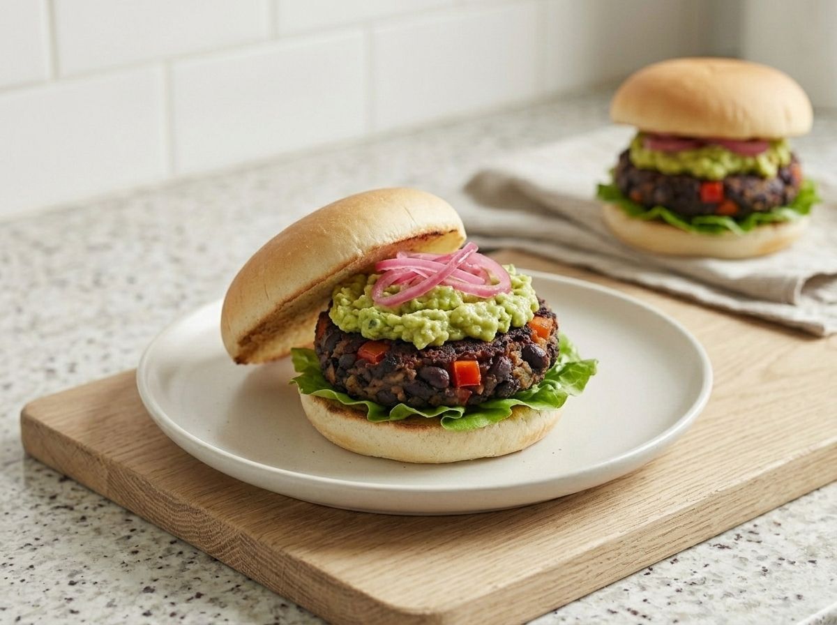A finished black bean burger on a toasted bun with lettuce, mashed avocado and pickled red onion.