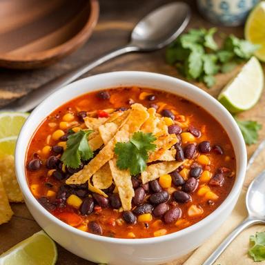 A colorful bowl of meatless tortilla soup with black beans, corn, tortilla strips, and cilantro.