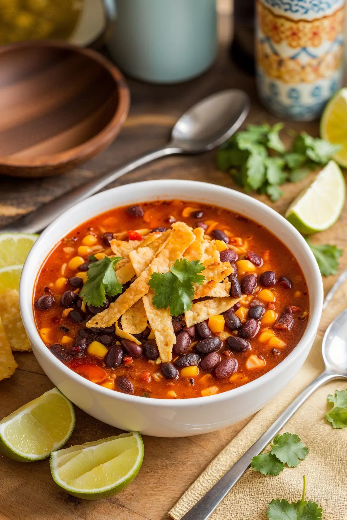 A colorful bowl of meatless tortilla soup with black beans, corn, tortilla strips, and cilantro.
