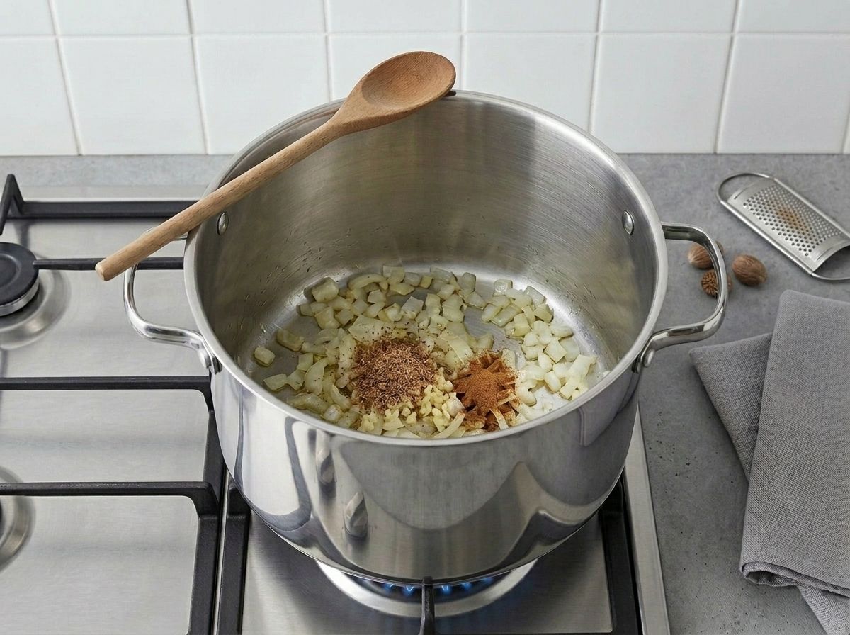 Ground nutmeg and cinnamon tipped onto the softened onion to bloom in the hot oil