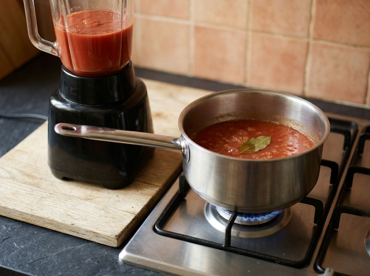 A thin brick-red tomato caldillo simmering in a saucepan beside the blended puree