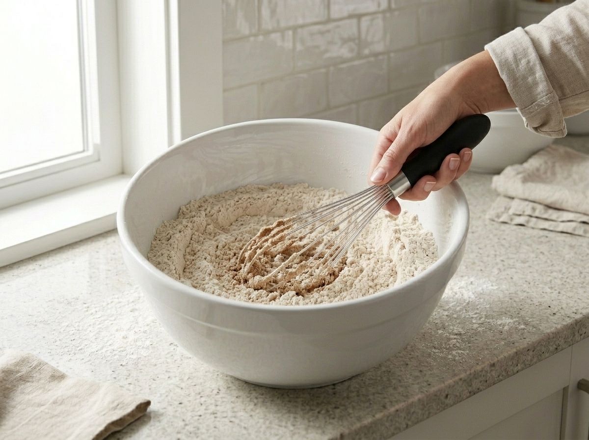 A hand whisking flour and spices in a bowl until the last darker streaks of cinnamon disappear