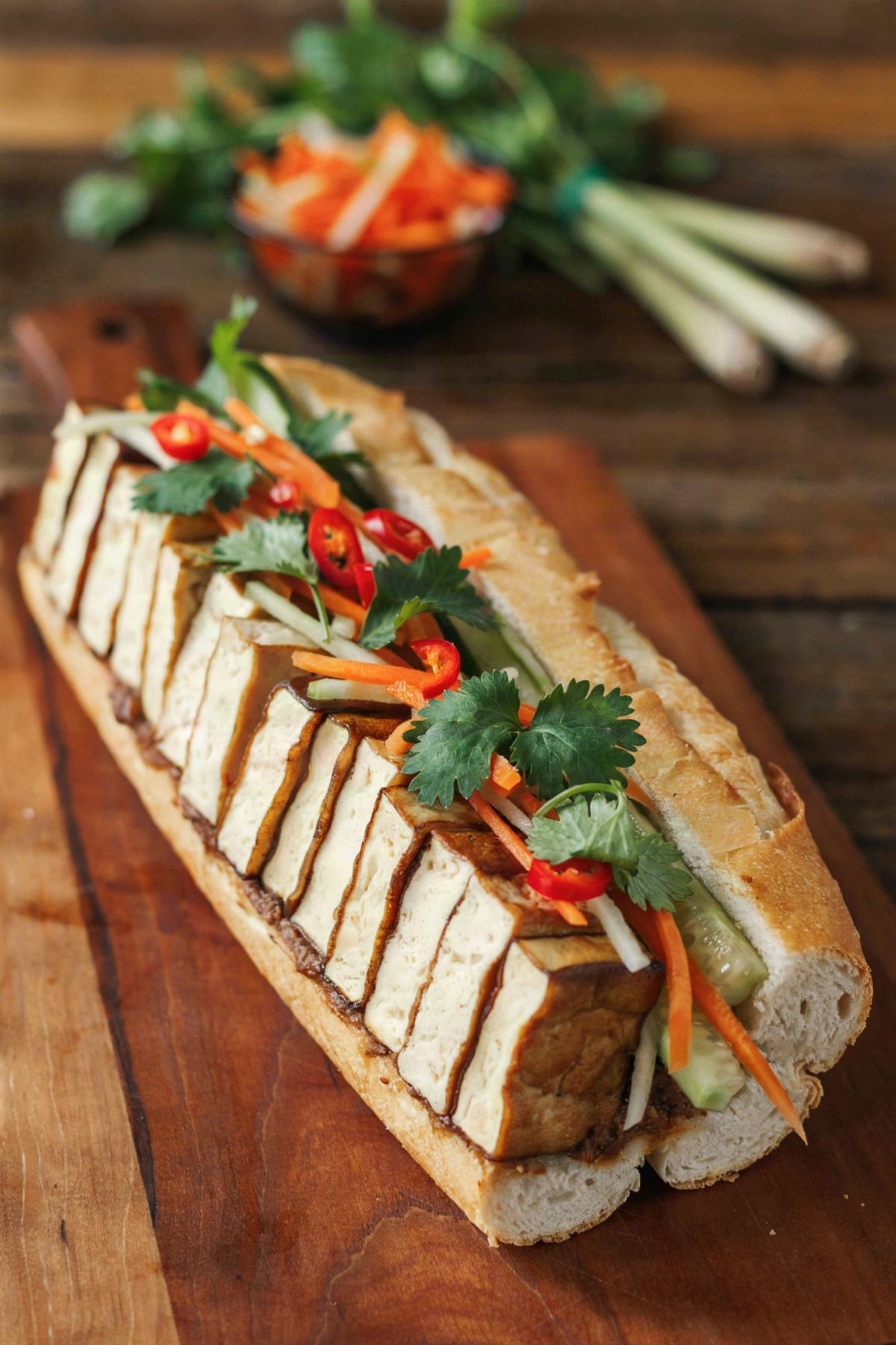 A whole tofu banh mi on a wooden board, a slender Vietnamese roll split along one side and packed with golden browned tofu slabs, dark mushroom pate, cucumber, pickled carrot and daikon, cilantro and red chile.