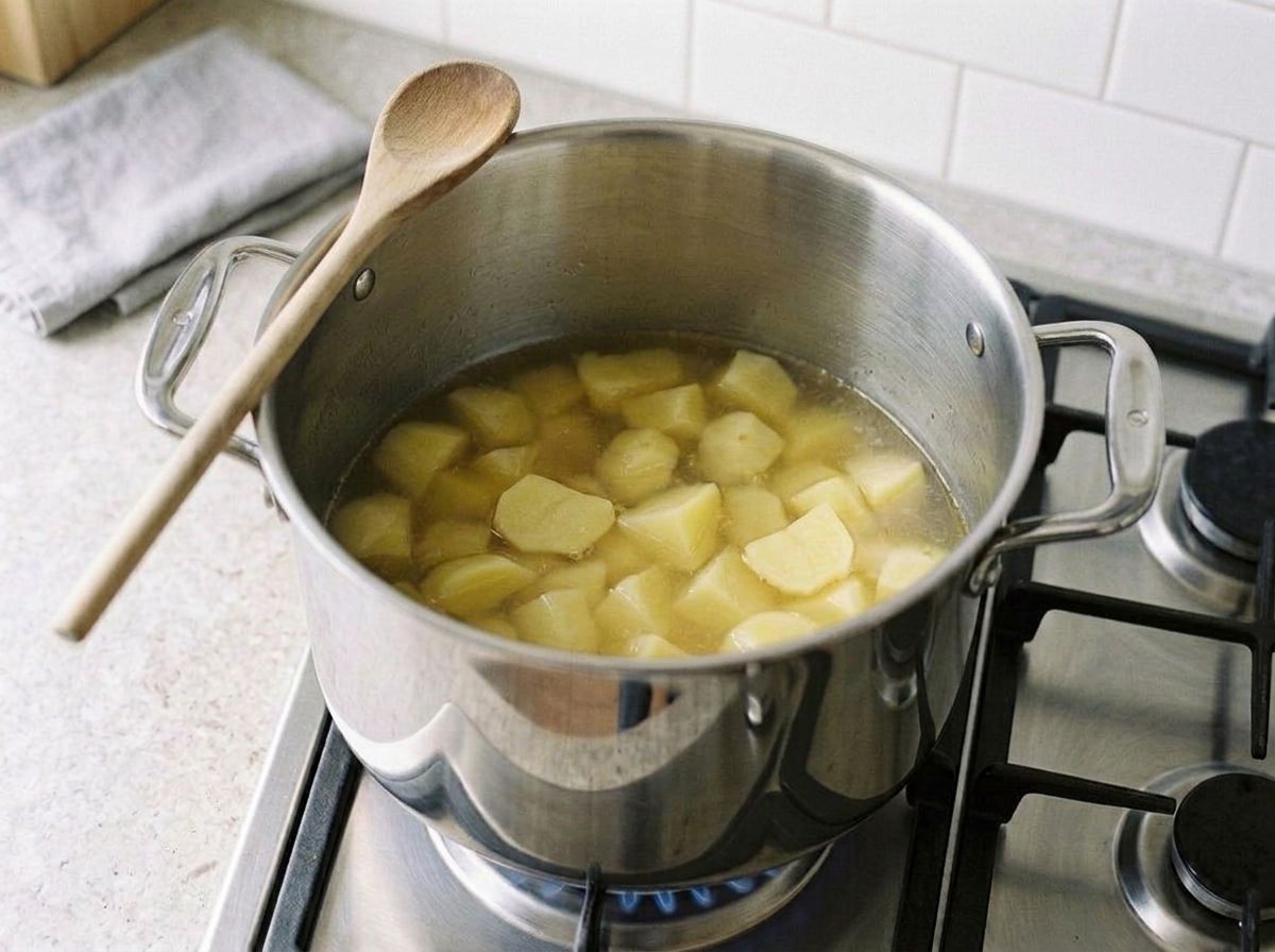 Chunks of potato simmering in pale golden vegetable broth in the large pot