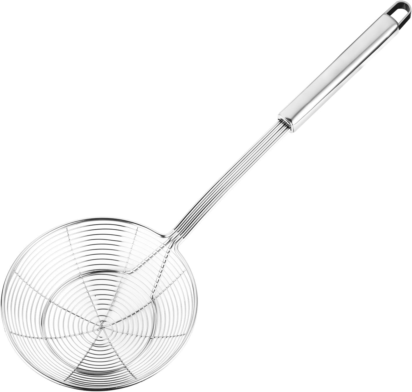 Stainless steel spider skimmer with a round spiral wire mesh basket and a hollow tubular handle with a hanging loop