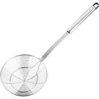 Stainless steel spider skimmer with a round spiral wire mesh basket and a hollow tubular handle with a hanging loop