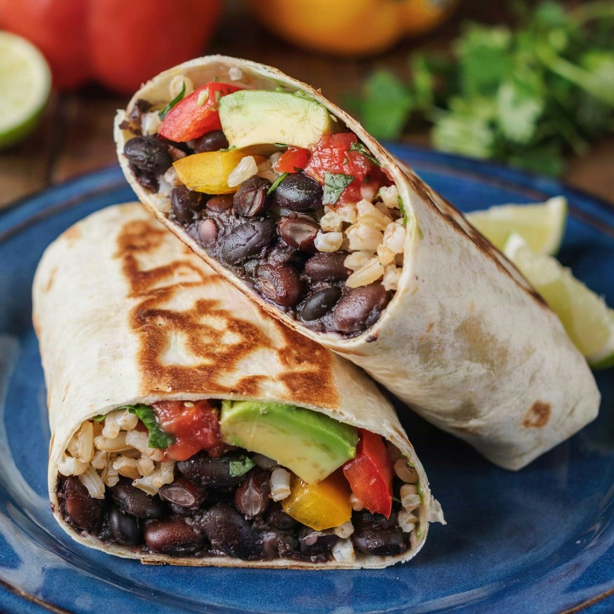 Vegan burrito cut in half on a cobalt-blue plate, a seared flour tortilla packed with black beans, brown rice, red and yellow pepper, avocado and salsa, with lime wedges