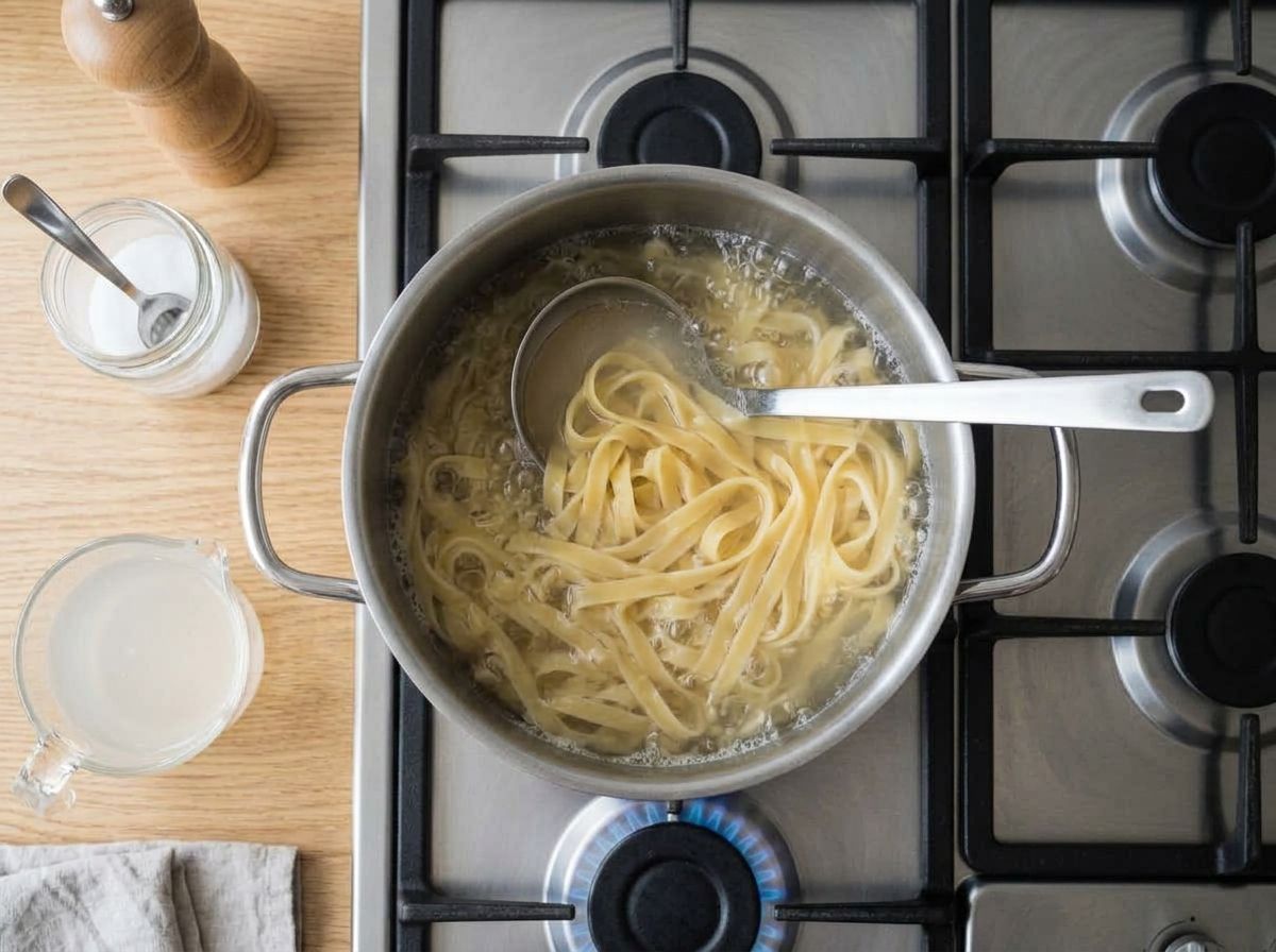 Fettuccine boiling in a stockpot with a ladle, and a glass jug of cloudy reserved pasta water beside it