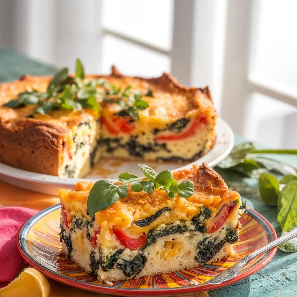 Vegan breakfast casserole with tofu, bell peppers, and spinach on a white dish.