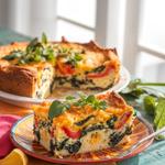 Vegan breakfast casserole with tofu, bell peppers, and spinach on a white dish.