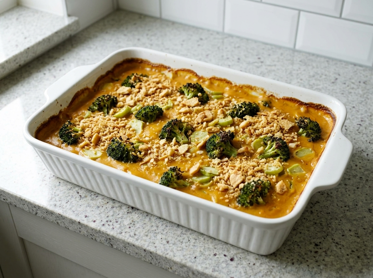 The assembled casserole baked until the sauce bubbles at the edges and the cracker topping is deep golden.