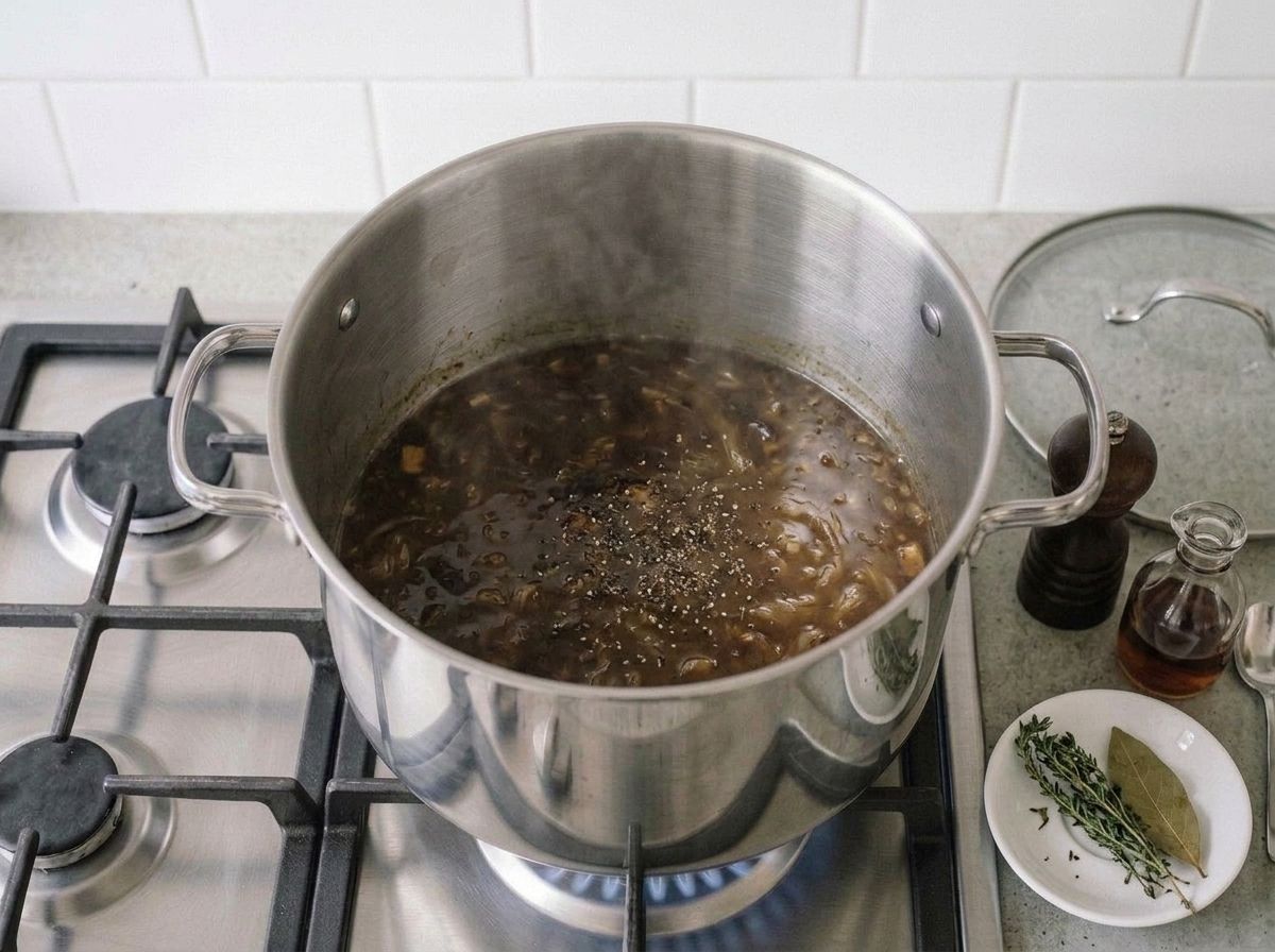 The finished soup with pepper and sherry vinegar to hand, the spent thyme and bay leaf discarded on a saucer