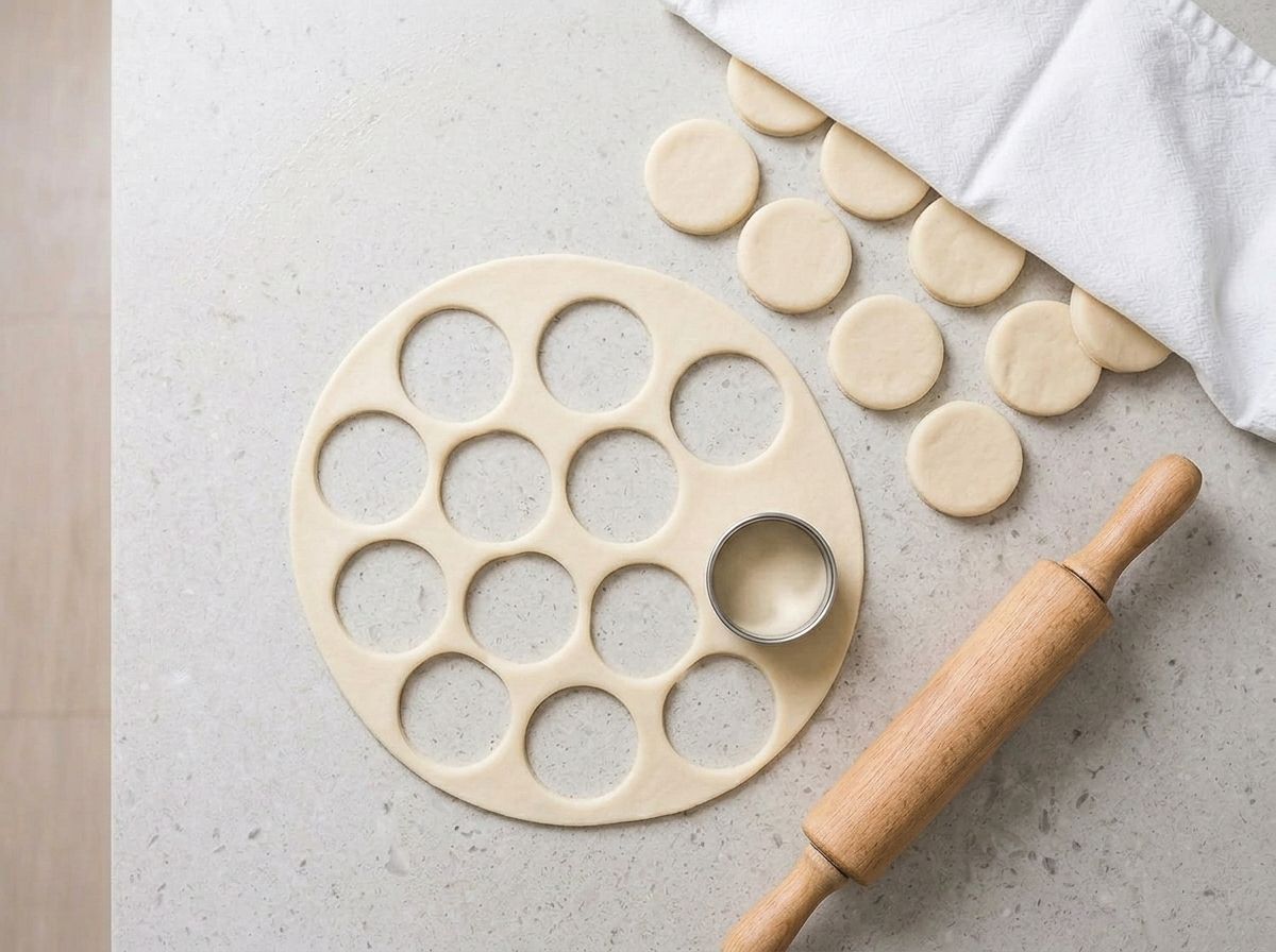 Two-inch rounds cut from the thin dough sheet, the cut discs kept under a damp cloth.