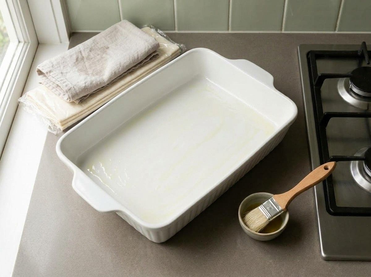 A white ceramic baking dish brushed with olive oil, with phyllo covered by a damp towel beside it