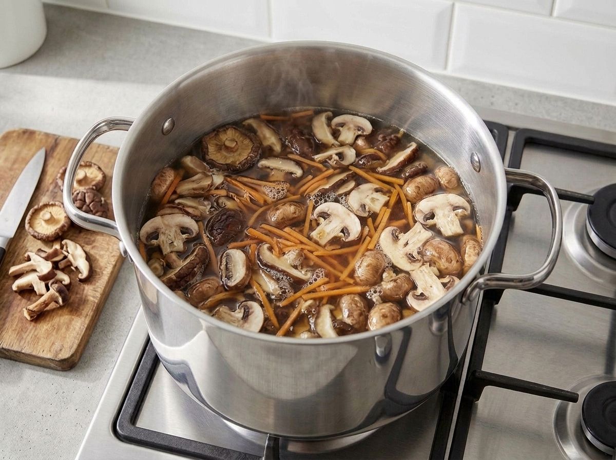 Sliced shiitake, cremini and carrot matchsticks simmering in the darkened broth, kombu removed