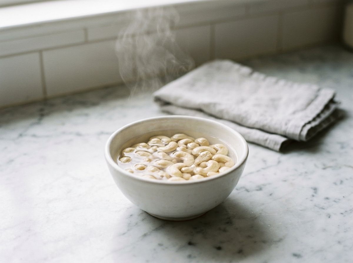 Raw cashews soaking in a bowl of just-boiled water
