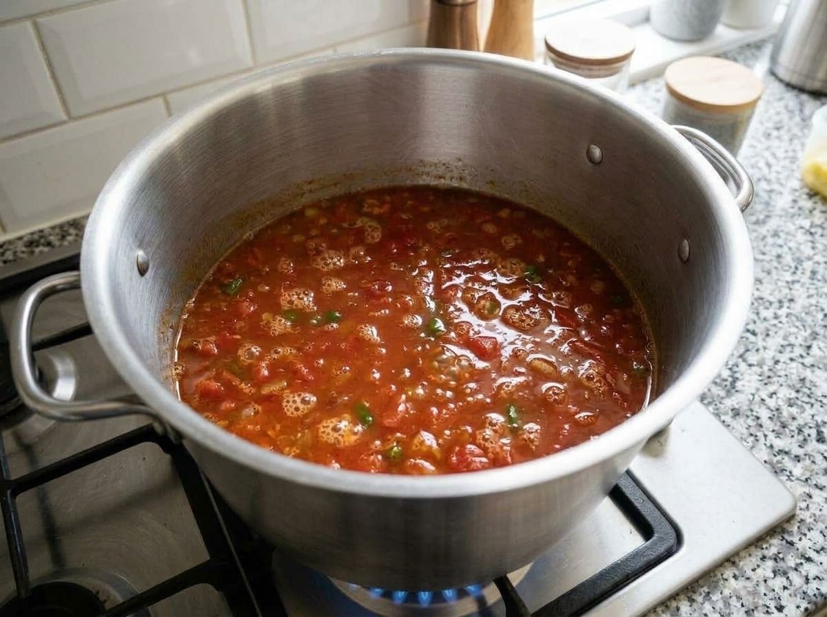 Tomatoes and broth poured into the spiced vegetables and coming up to a boil