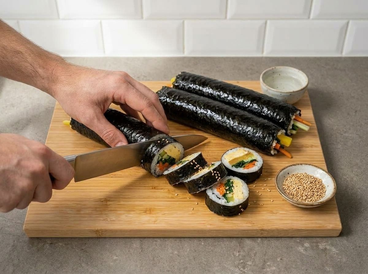 Slicing a finished roll into rounds with an oiled knife, the cut faces showing egg, pickled radish, spinach, carrot and cucumber inside the rice.