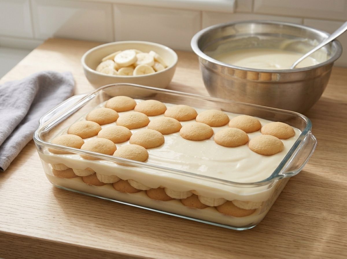 Layering vanilla wafers, banana coins and warm pudding in a glass dish