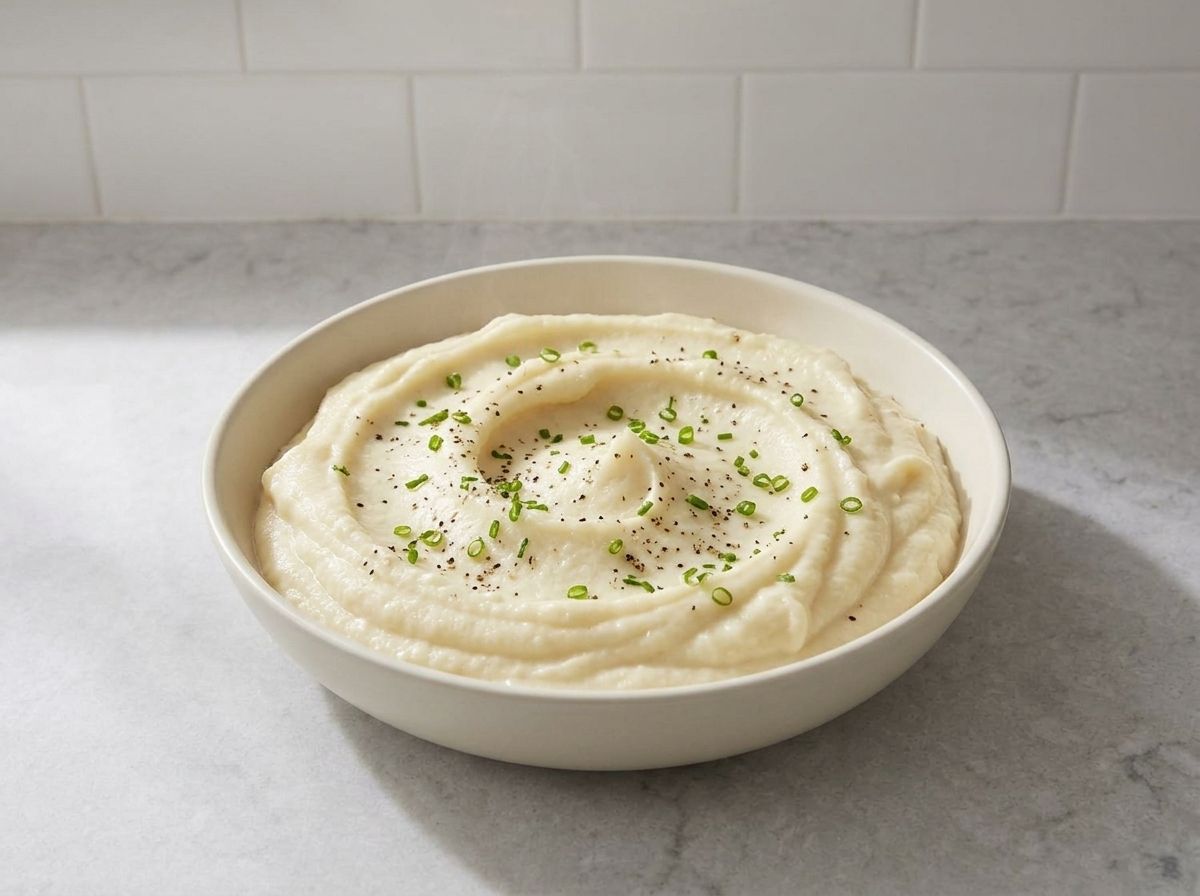 The finished mashed cauliflower in a serving bowl, swirled and scattered with chives