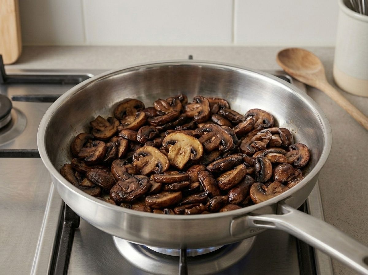 Sliced mushrooms browning in a dry stainless skillet, shrunk down and deeply colored with fond forming on the base.