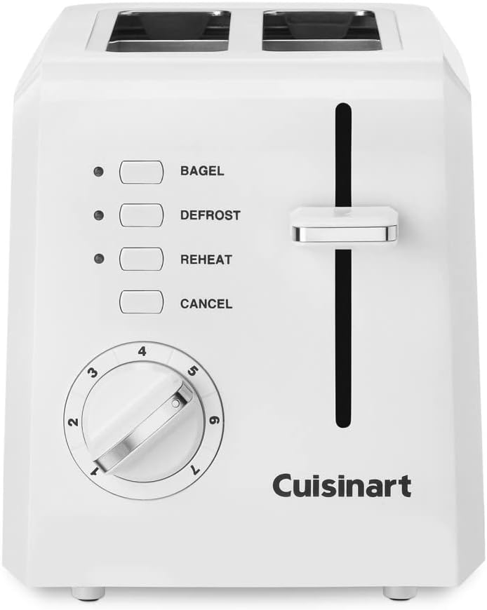 White Cuisinart two-slice toaster with bagel, defrost and reheat buttons and a numbered browning dial