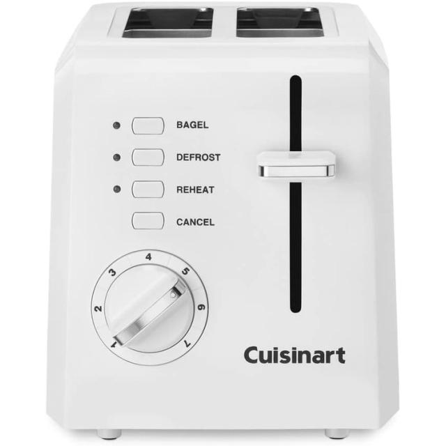 White Cuisinart two-slice toaster with bagel, defrost and reheat buttons and a numbered browning dial