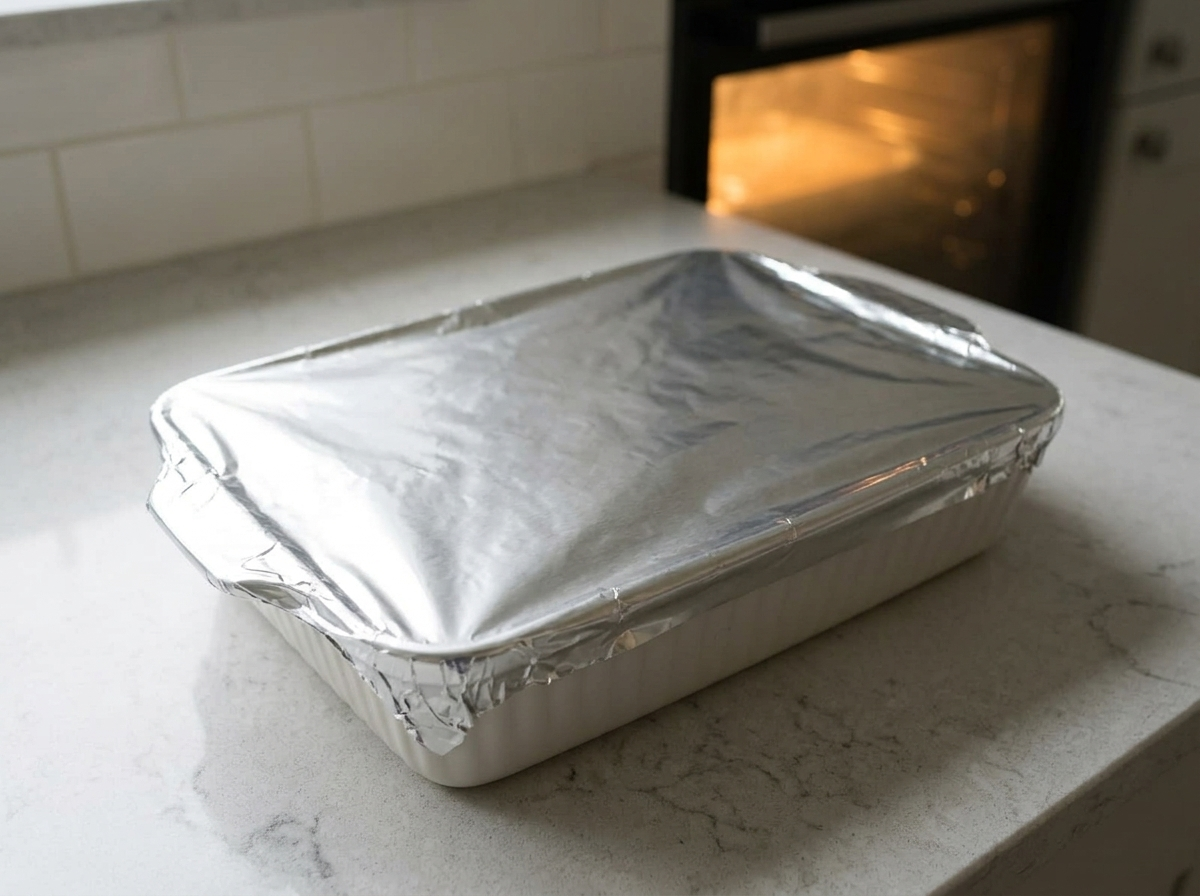 The baking dish sealed tightly under foil before the first stage of baking.