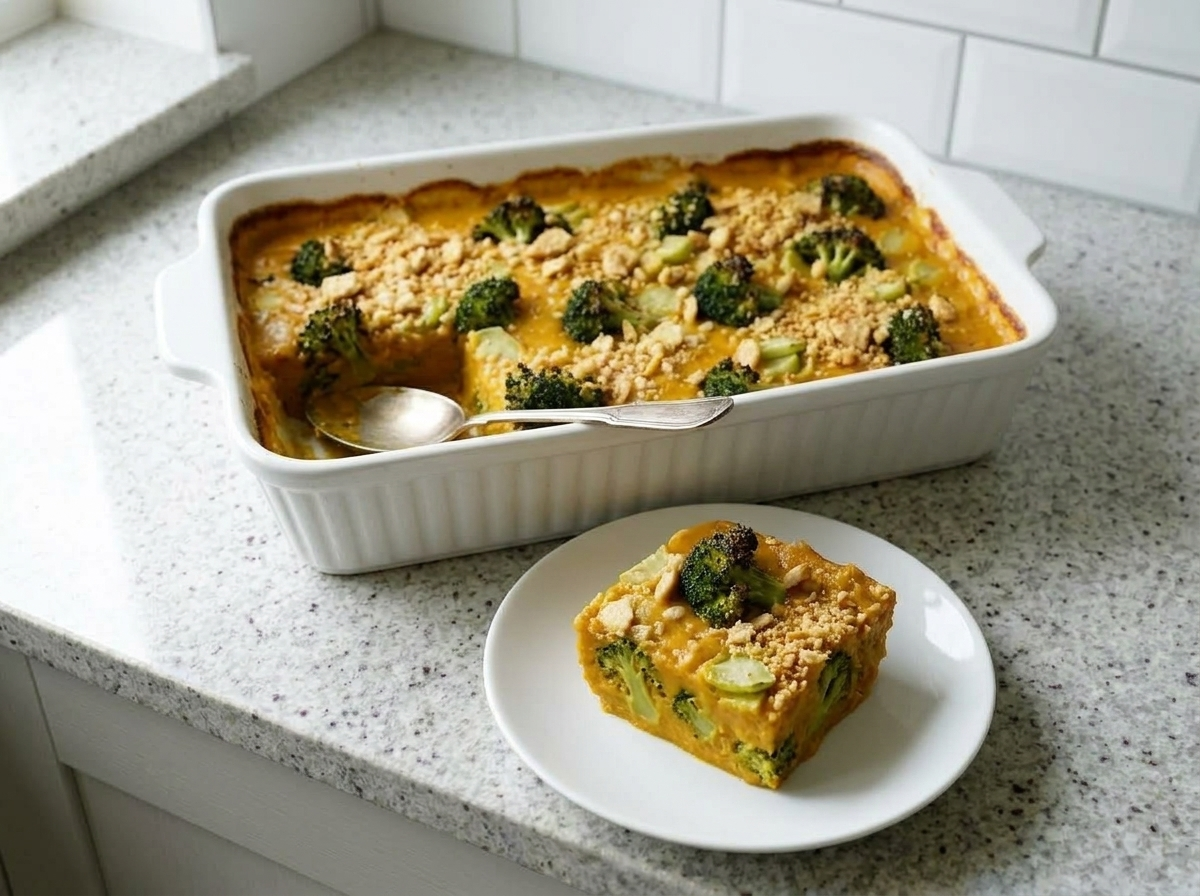 A square of the rested casserole lifted onto a plate, the cut edge showing coated broccoli under the golden crumb crust.