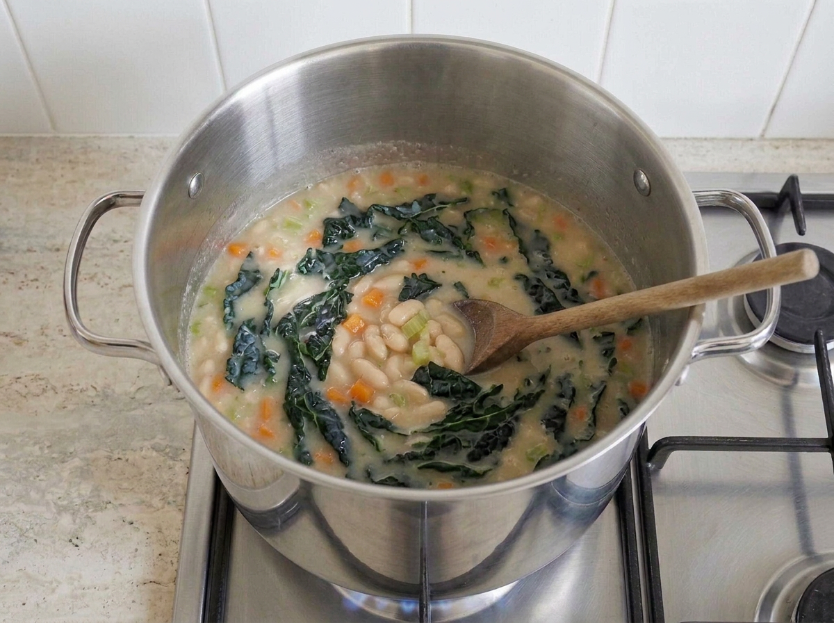 Ribbons of dark green kale stirred into the creamy bean soup, some already softened into the liquid and some still sitting proud of the surface.